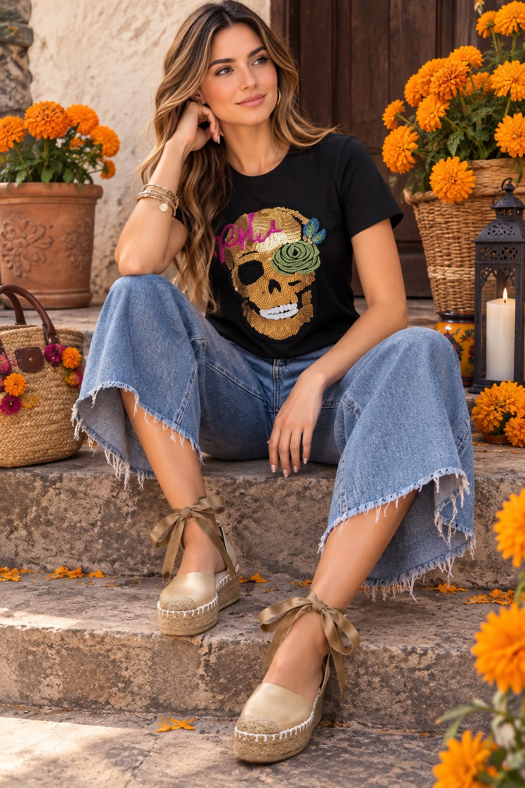 Calavera lentejuela dorada